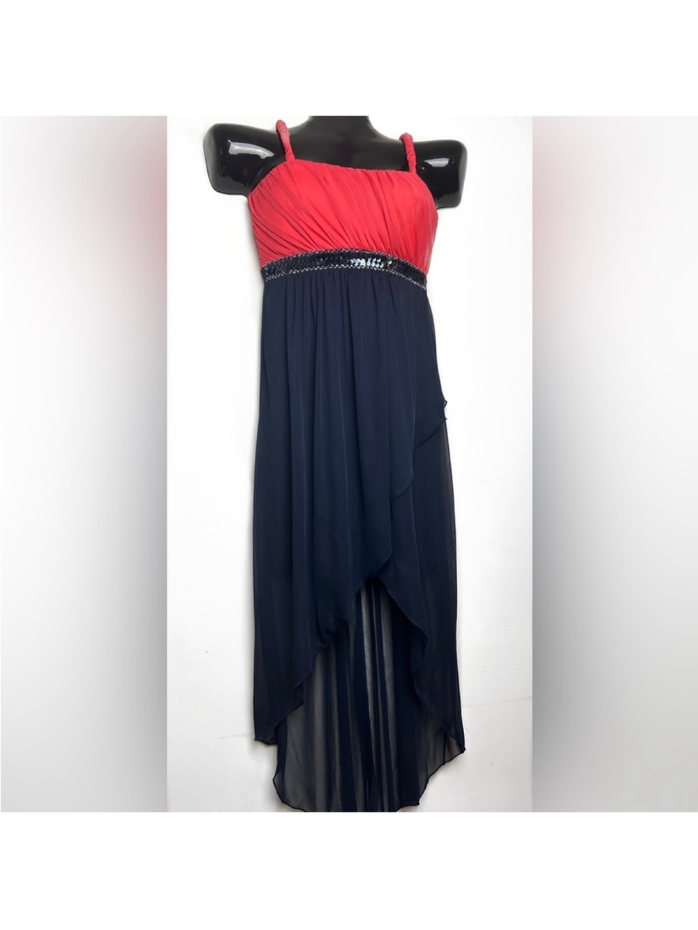 Enfocus Studio Coral and Navy Pleated Evening Dress